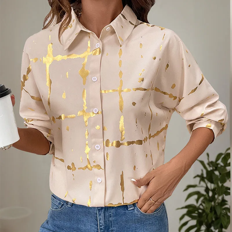 Long-Sleeved Lapel Geometric Pattern Gold-Stamped Shirts Wholesale Womens Clothing N3824112000031