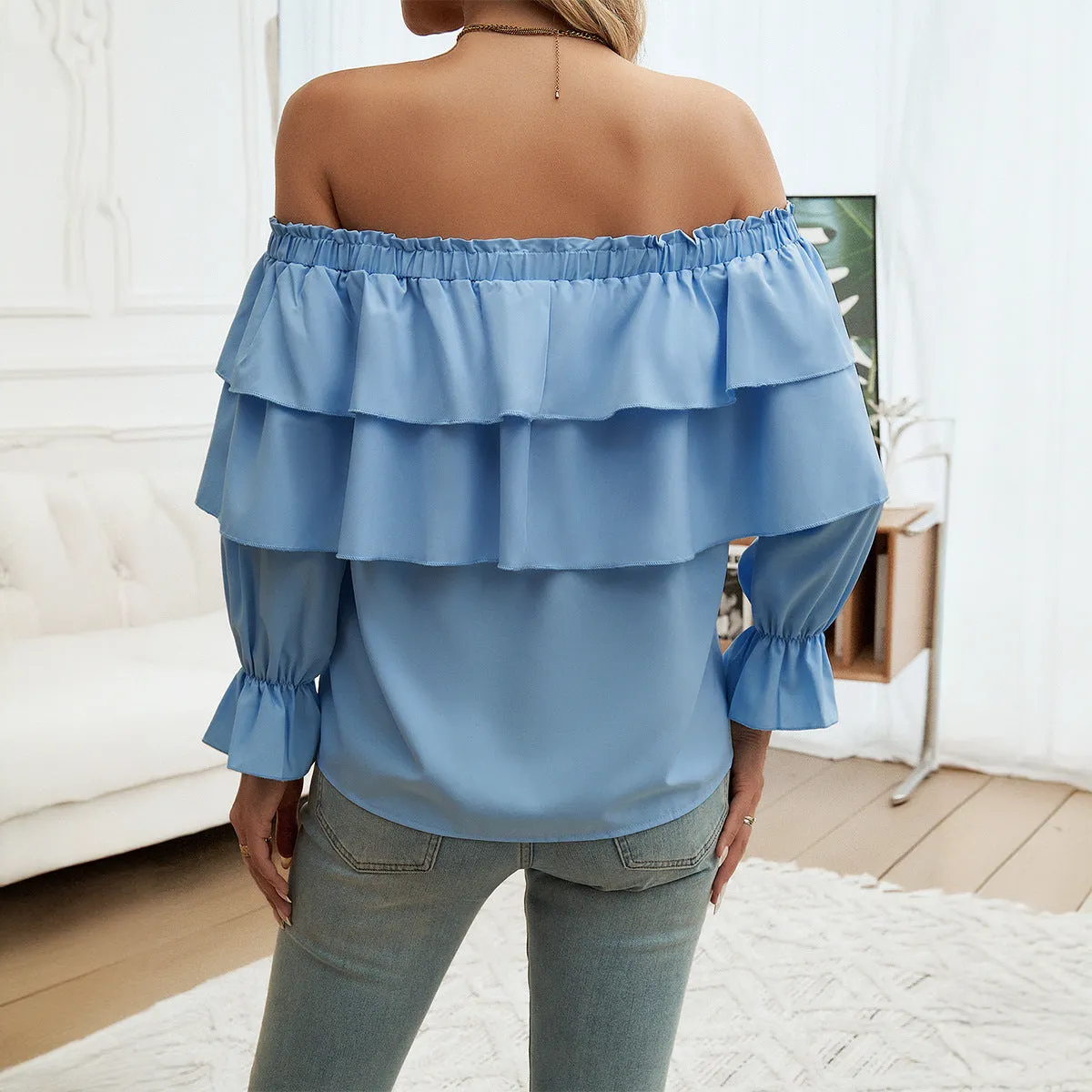 Loose Ruffled Lace-Up Off-Shoulder Lantern Sleeve Tops Wholesale Womens Clothing N3824080700063