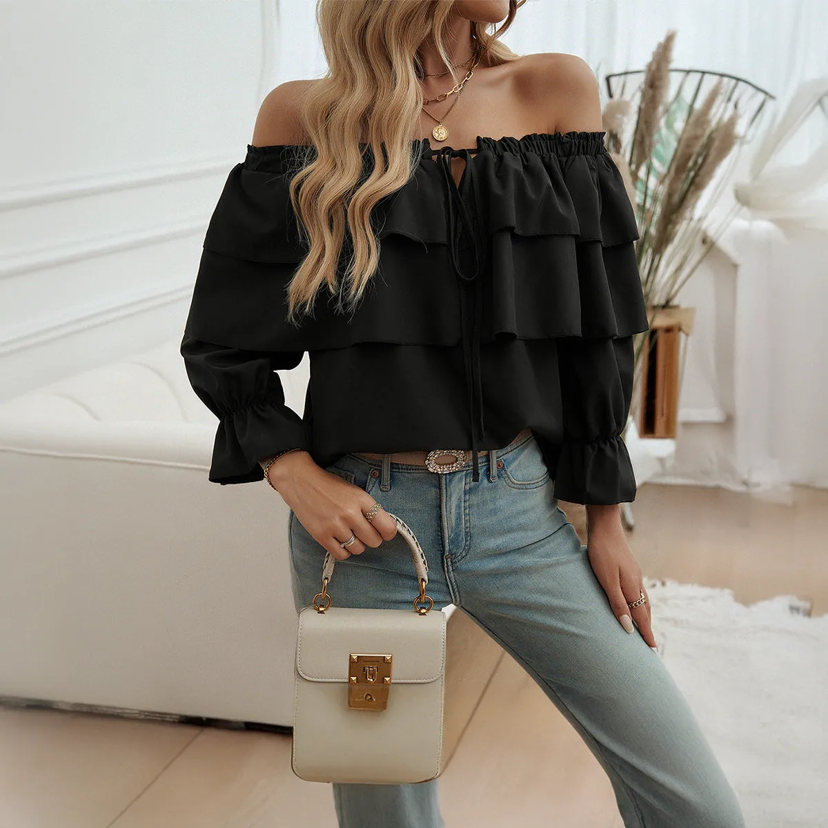 Loose Ruffled Lace-Up Off-Shoulder Lantern Sleeve Tops Wholesale Womens Clothing N3824080700063