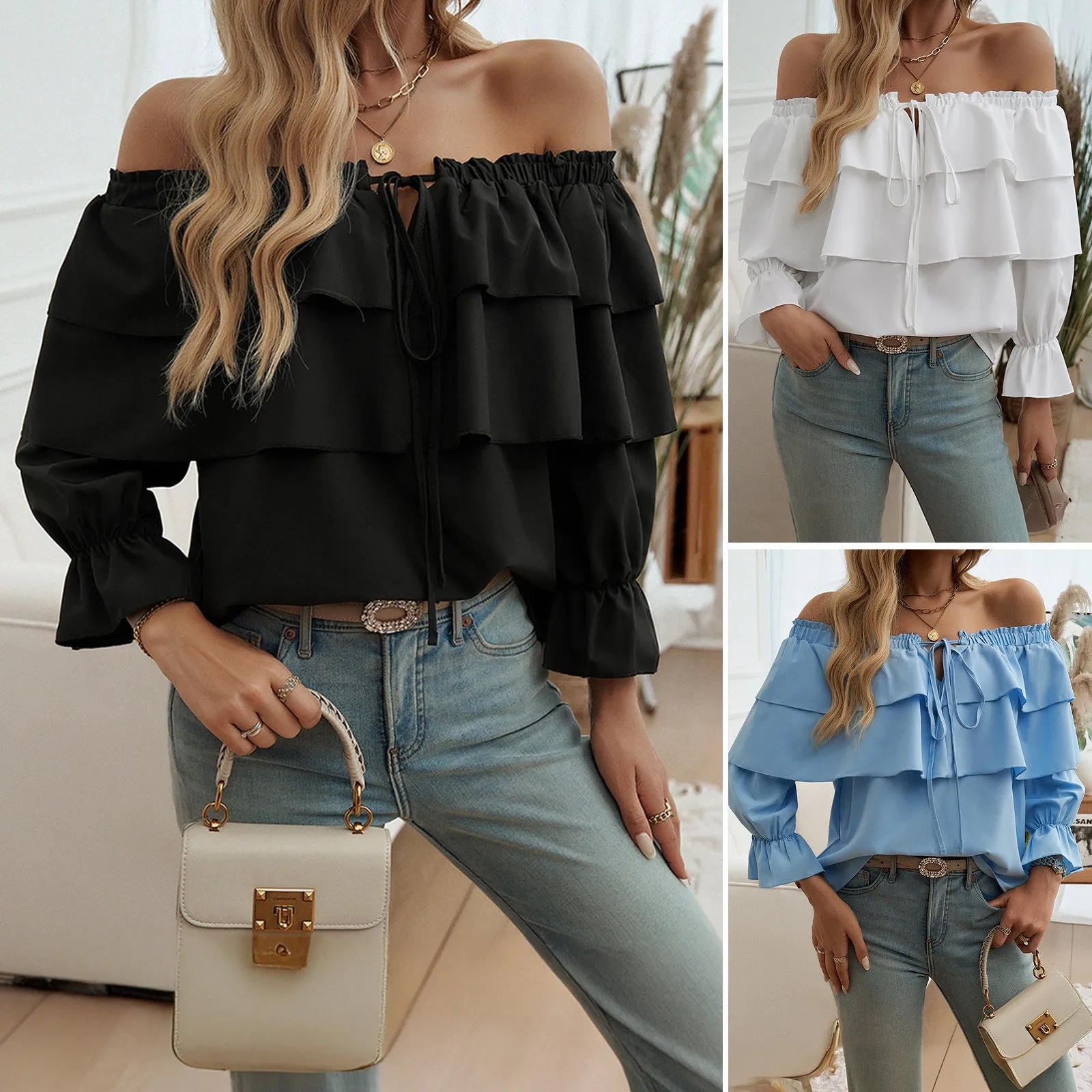 Loose Ruffled Lace-Up Off-Shoulder Lantern Sleeve Tops Wholesale Womens Clothing N3824080700063