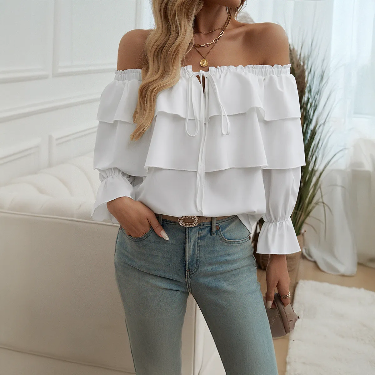 Loose Ruffled Lace-Up Off-Shoulder Lantern Sleeve Tops Wholesale Womens Clothing N3824080700063