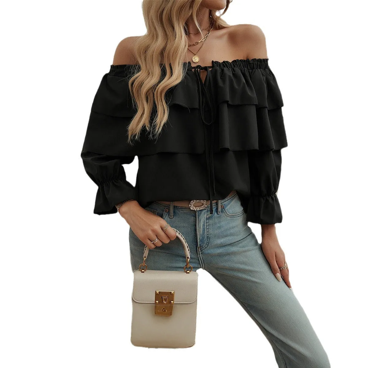 Loose Ruffled Lace-Up Off-Shoulder Lantern Sleeve Tops Wholesale Womens Clothing N3824080700063