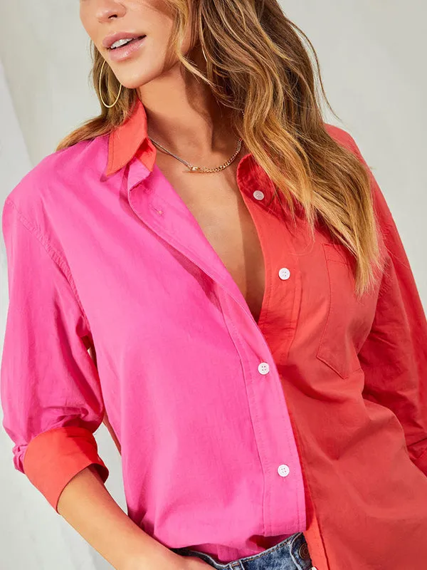 Loose Wrap Buttoned Contrast Color Lapel Blouses&Shirts Tops