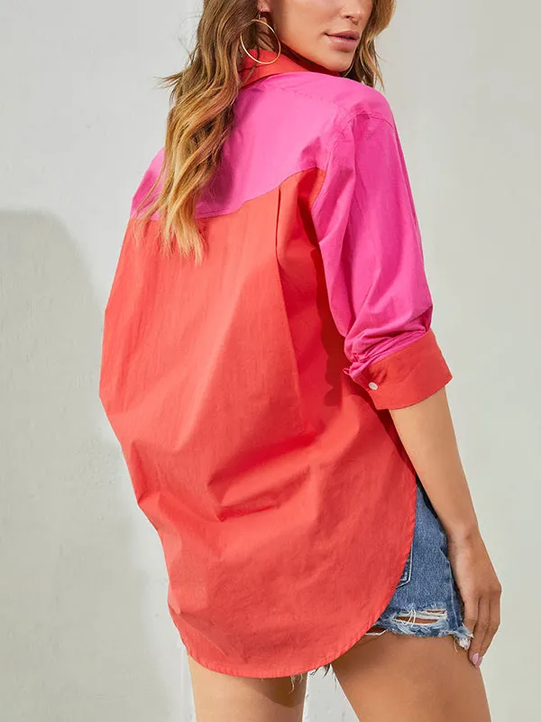 Loose Wrap Buttoned Contrast Color Lapel Blouses&Shirts Tops