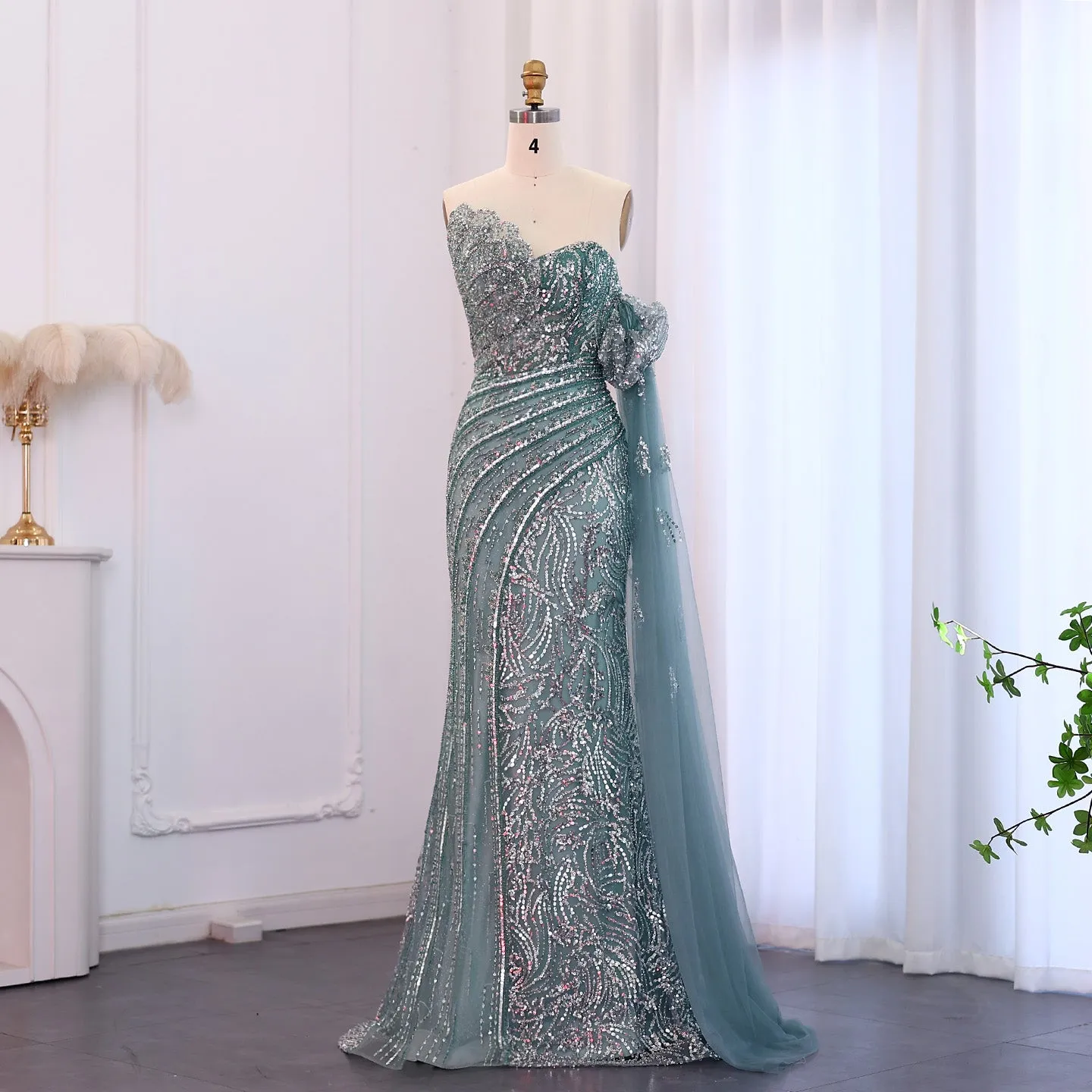 Luxury Beaded Scalloped Turquoise Evening Dress SS021