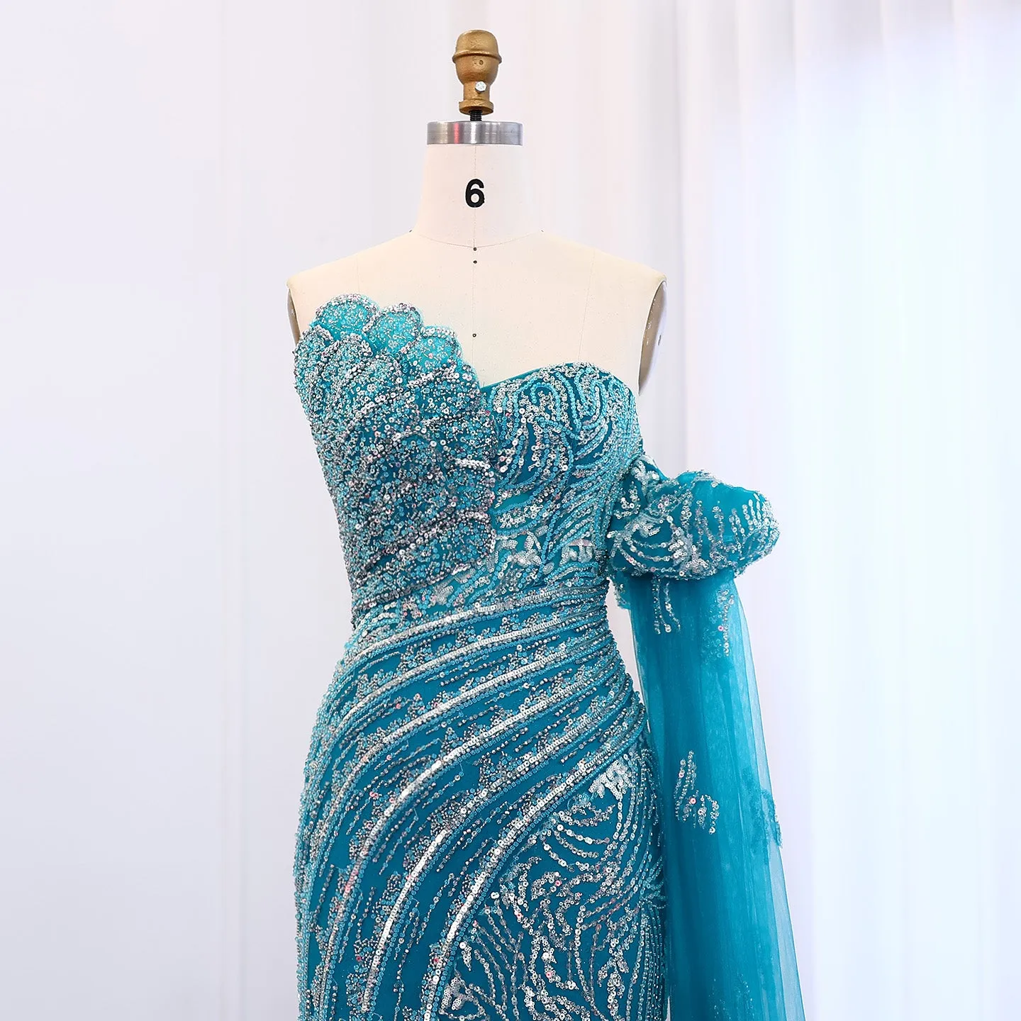 Luxury Beaded Scalloped Turquoise Evening Dress SS021