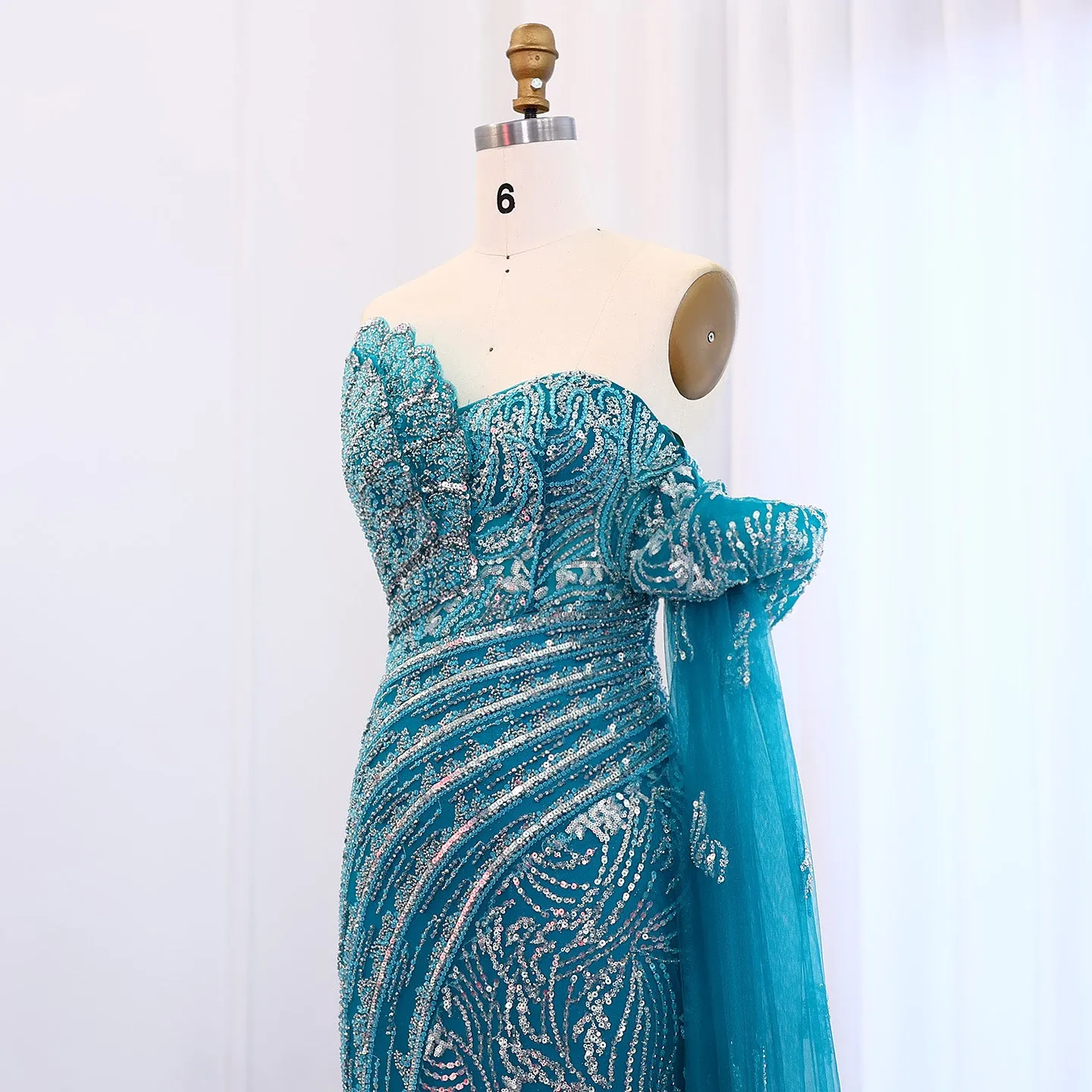 Luxury Beaded Scalloped Turquoise Evening Dress SS021