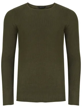 Milburn Ribbed Crew Neck Knitted Jumper In Khaki - Dissident