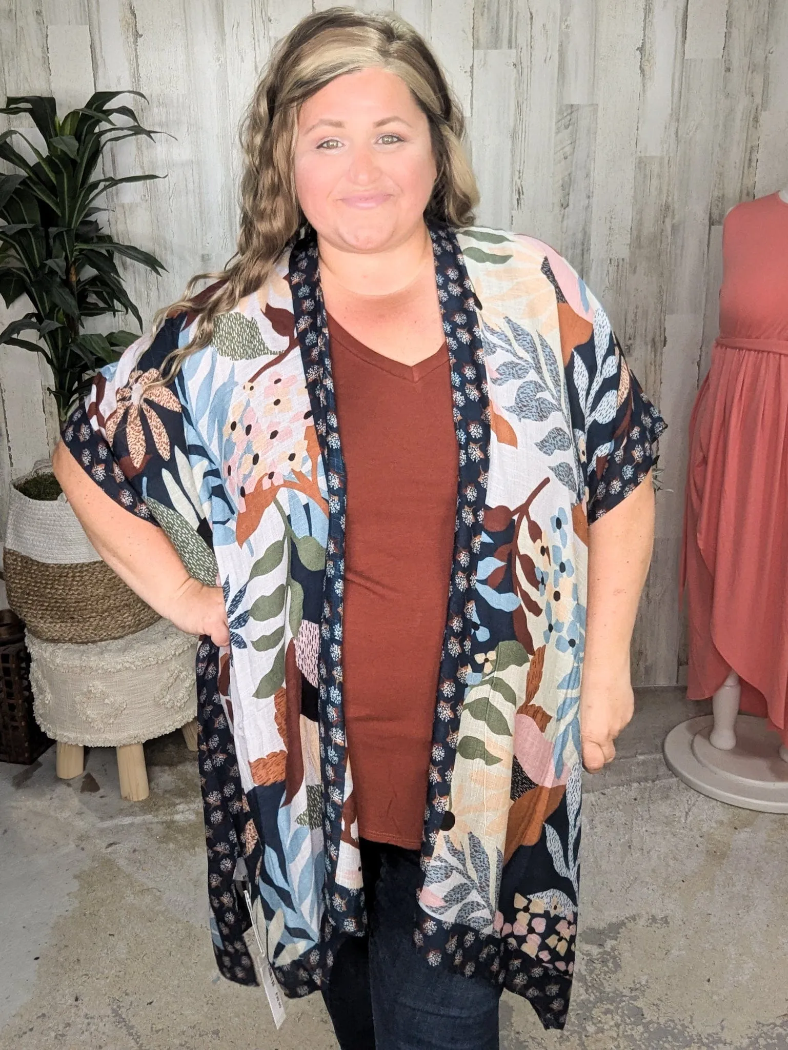 Nadia Mod Botanical Print Kimono in Navy Multi