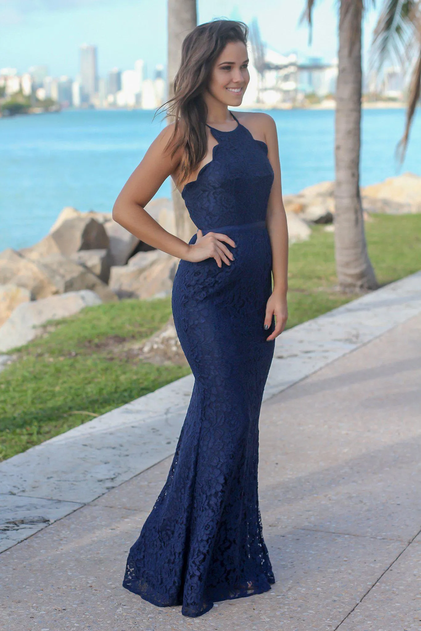 Navy Lace Maxi Dress with Criss Cross Back