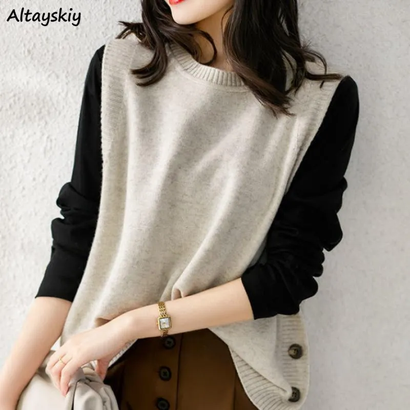 O-neck Sweater Vests Women Elegant Loose Sleeveless Knitted Sweaters Side-button All-match Stylish Popular Solid Cozy Ulzzang