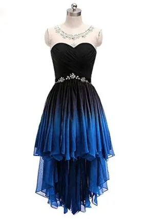 Ombre Short Prom Dresses Scoop Chiffon Beading High Low Party Dress