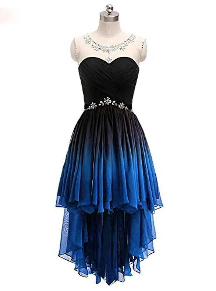 Ombre Short Prom Dresses Scoop Chiffon Beading High Low Party Dress