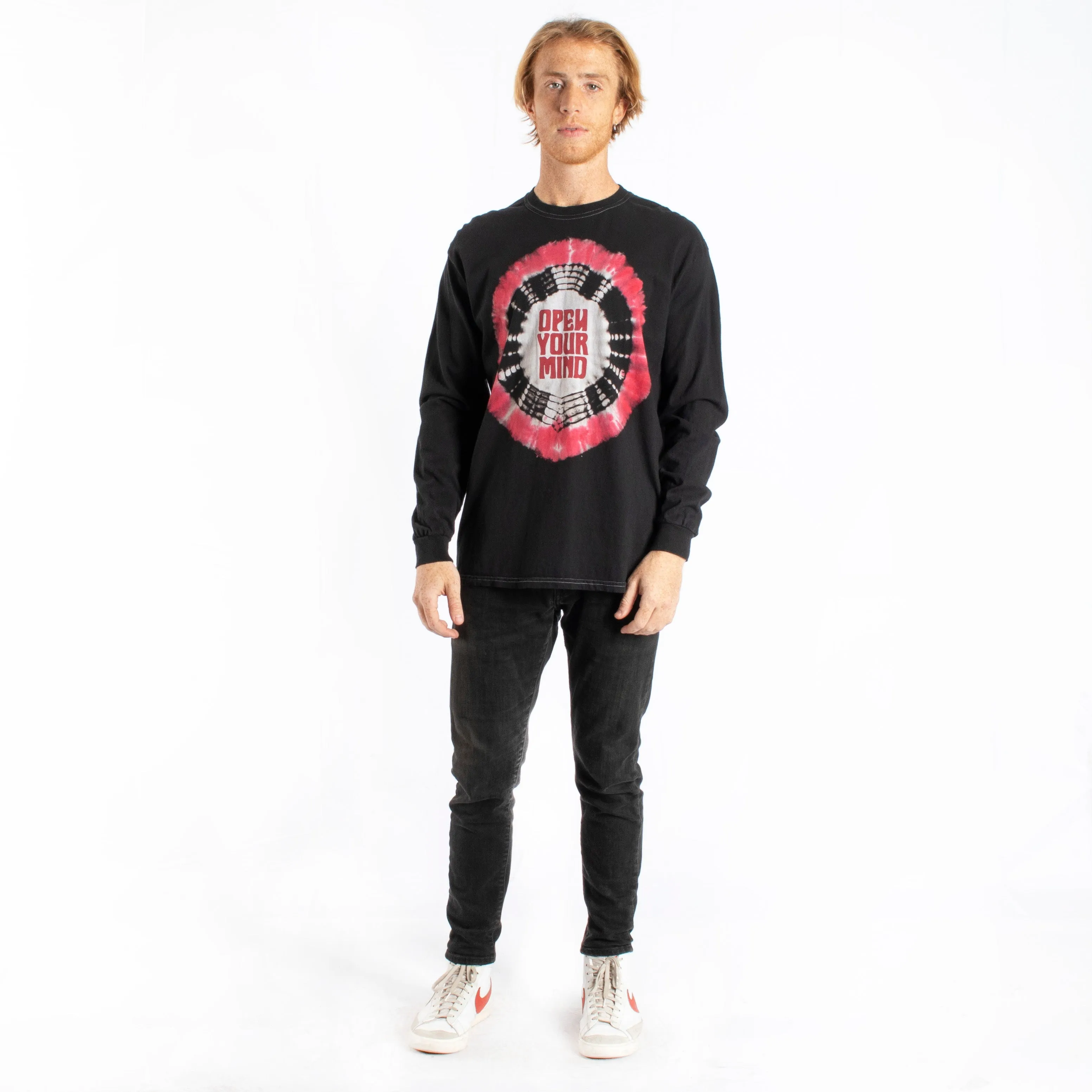 Open Your Mind tie-dye long sleeve graphic tee