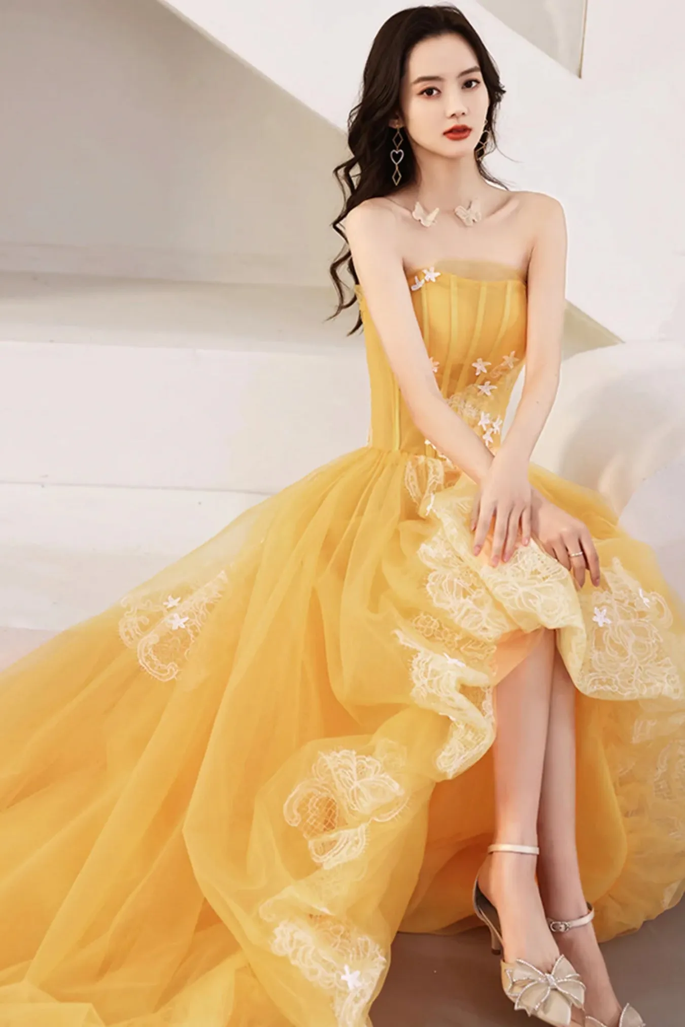 Orange Tulle High Low Strapless Lace Long Prom Dresses, High Low Orange Formal Dresses, Orange Evening Dresses WT1370