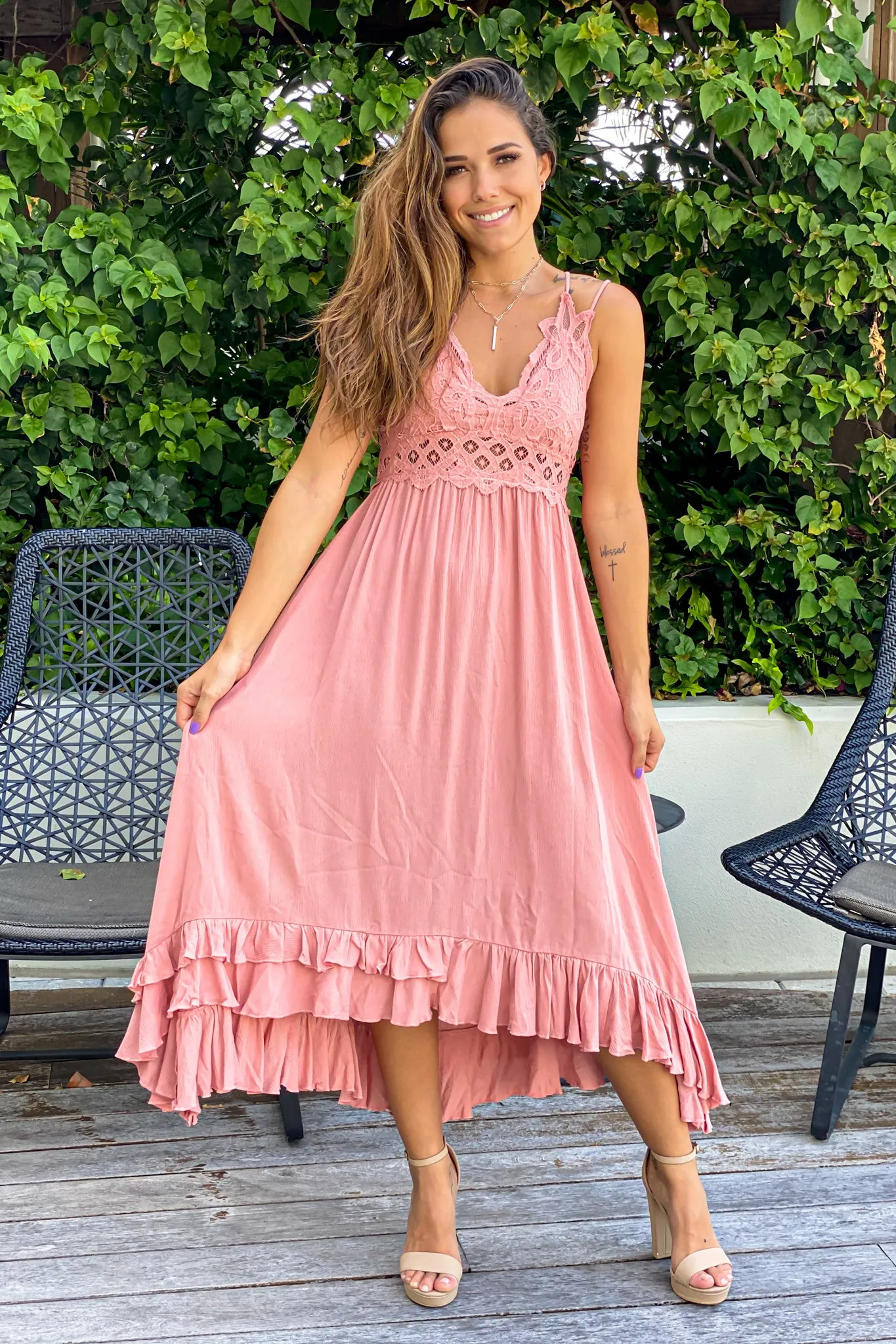 Peach Crochet Top High Low Dress