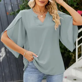 Petal Sleeve V-Neck Chiffon Commuter Solid Color Top Wholesale Women'S Top