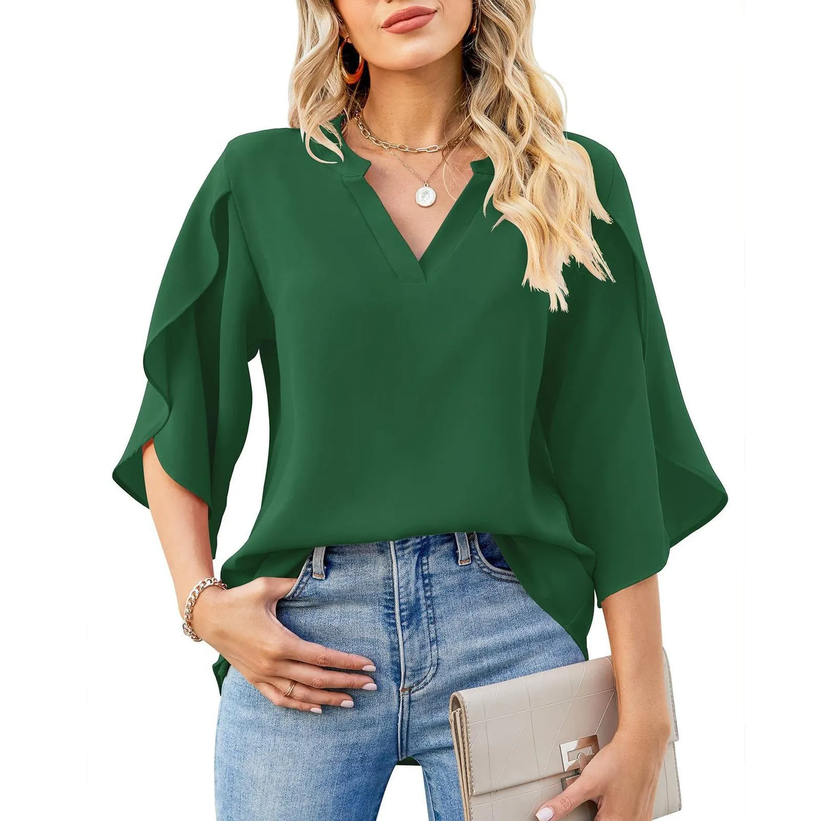 Petal Sleeve V-Neck Chiffon Commuter Solid Color Top Wholesale Women'S Top