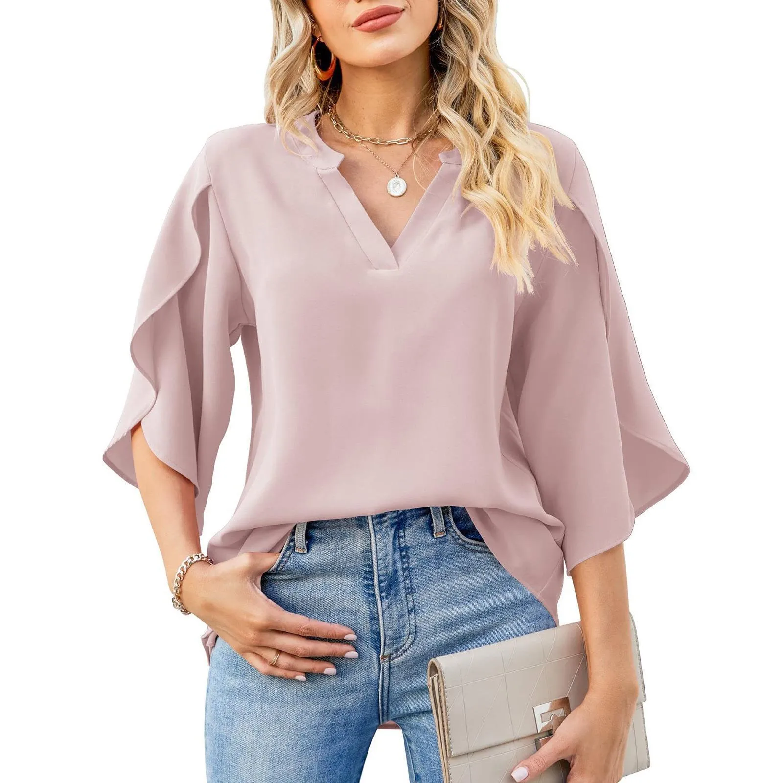 Petal Sleeve V-Neck Chiffon Commuter Solid Color Top Wholesale Women'S Top