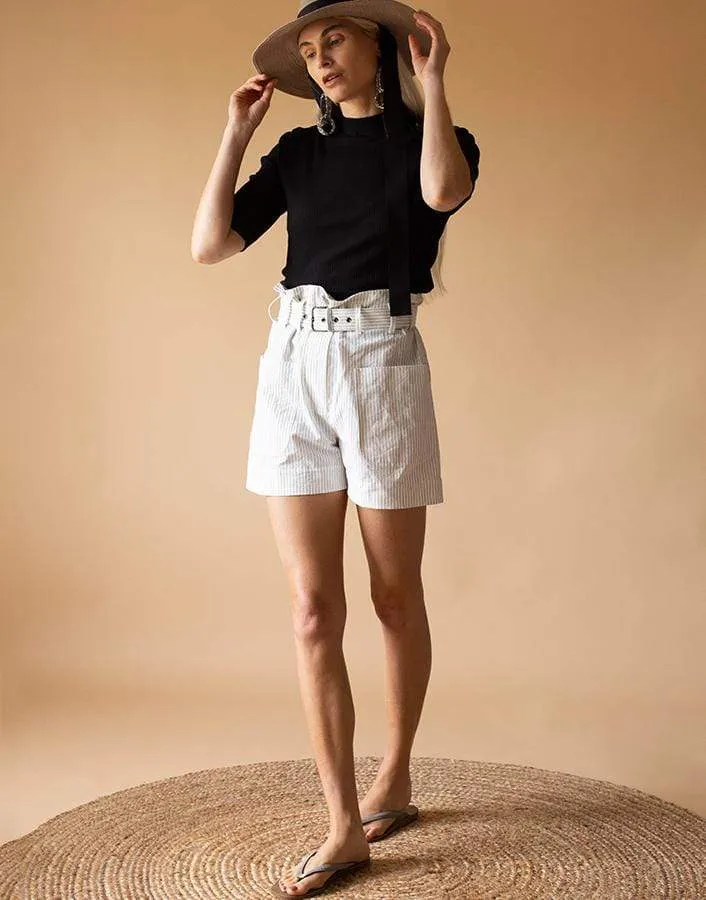 Pinestripe Paperbag Waist Belted Bermuda Shorts