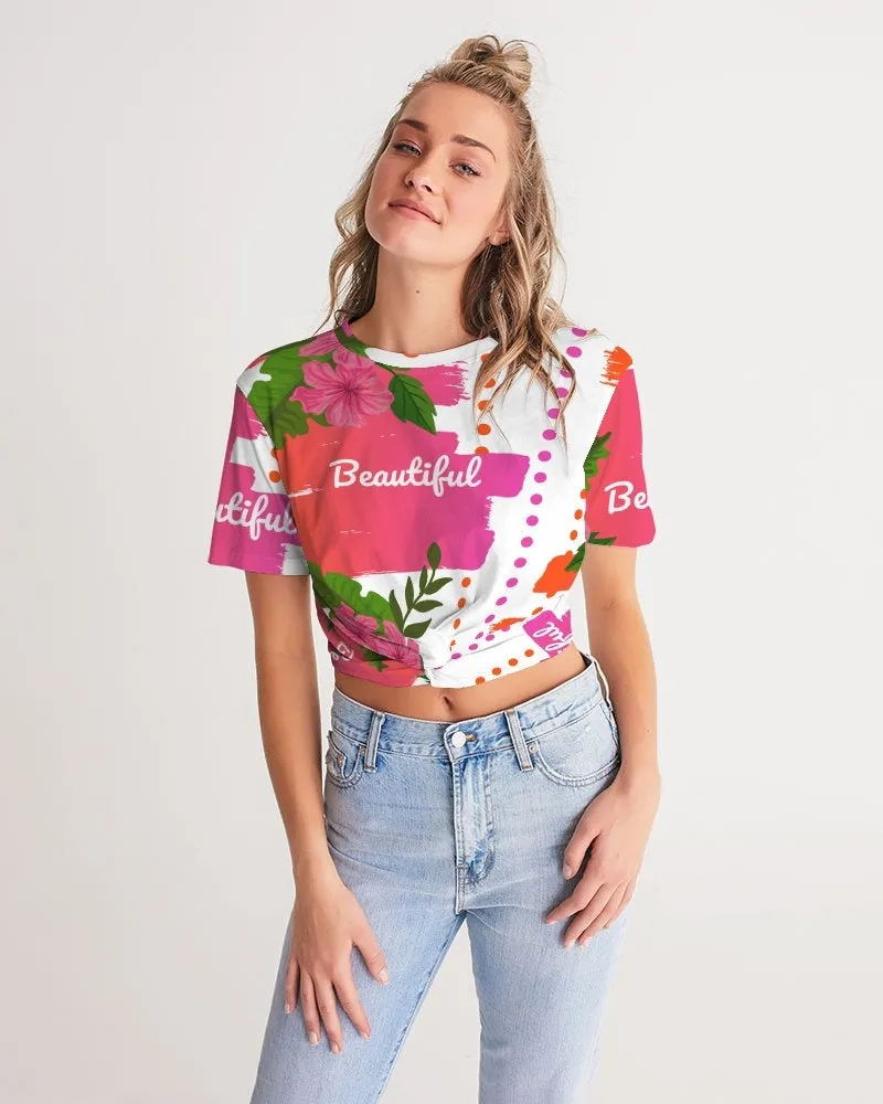 Pink Hibiscus Twist Front Cropped Top