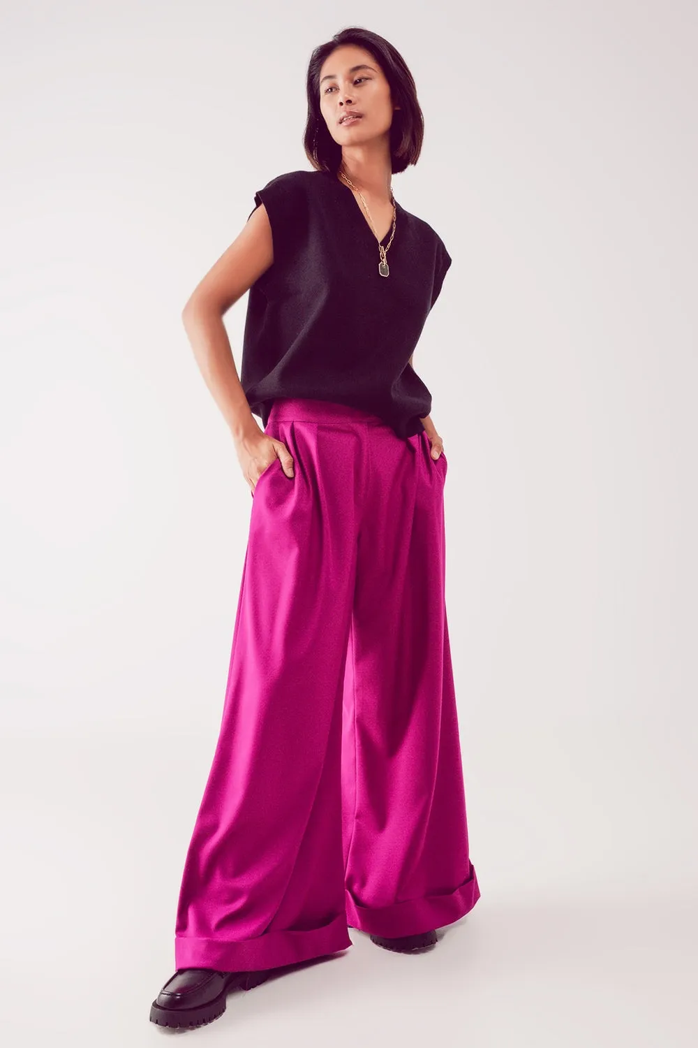 Pleated Wide Leg Pants in Fuchsia