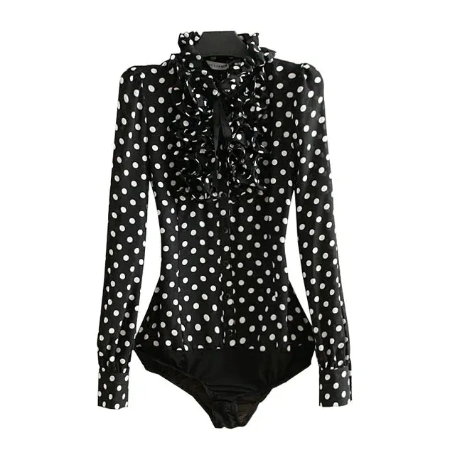 Polka Dot Print Women Black Blouses Shirt Long Sleeve Bodysuit