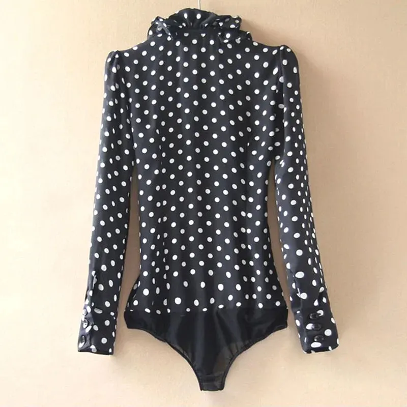 Polka Dot Print Women Black Blouses Shirt Long Sleeve Bodysuit