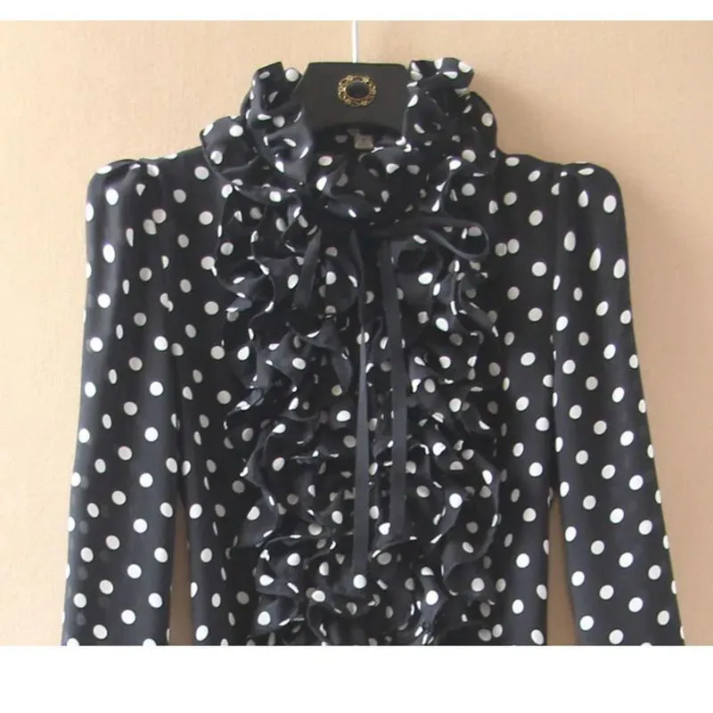 Polka Dot Print Women Black Blouses Shirt Long Sleeve Bodysuit