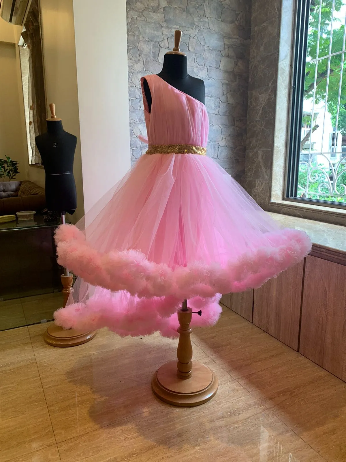 Pre-Order: Pink Bouncy High Low Gown with Frills