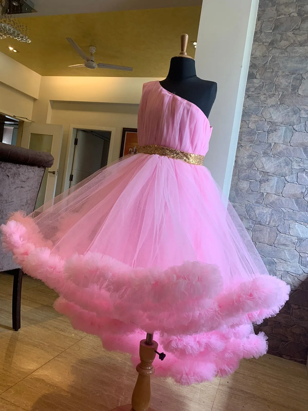 Pre-Order: Pink Bouncy High Low Gown with Frills