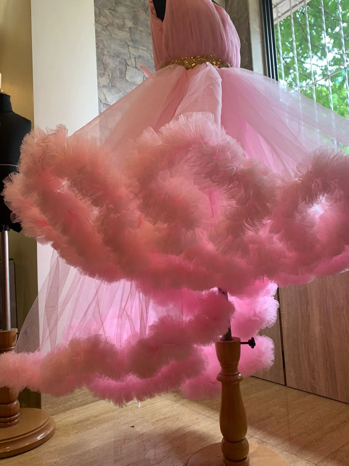 Pre-Order: Pink Bouncy High Low Gown with Frills