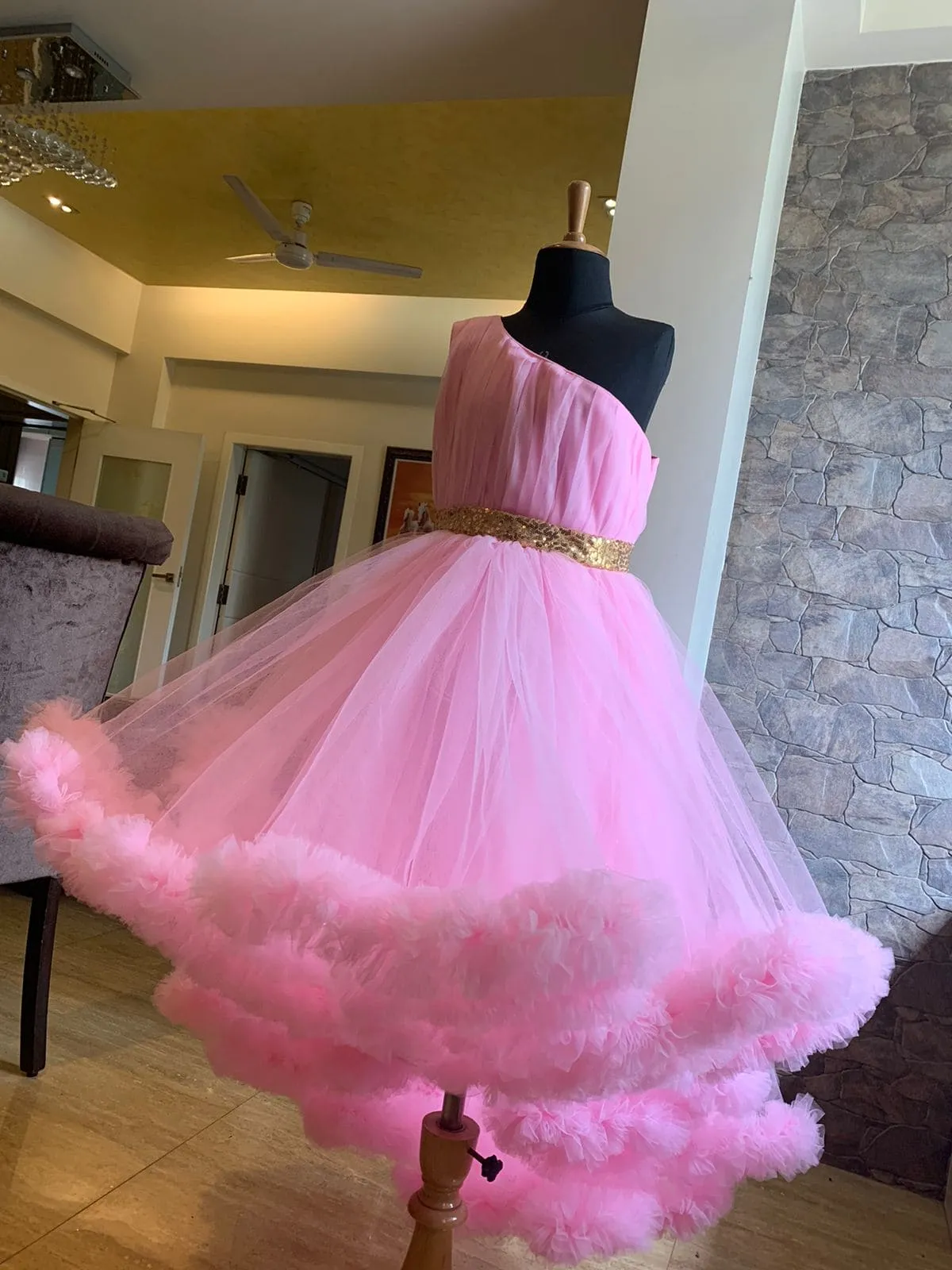 Pre-Order: Pink Bouncy High Low Gown with Frills