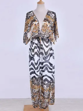 Printed Multicolor Chiffon Long Length Gown Kimono Duster Robe