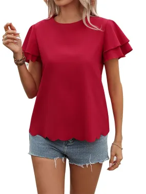 Red Double Layer Solid Color Round Neck Petal Sleeve Blouse