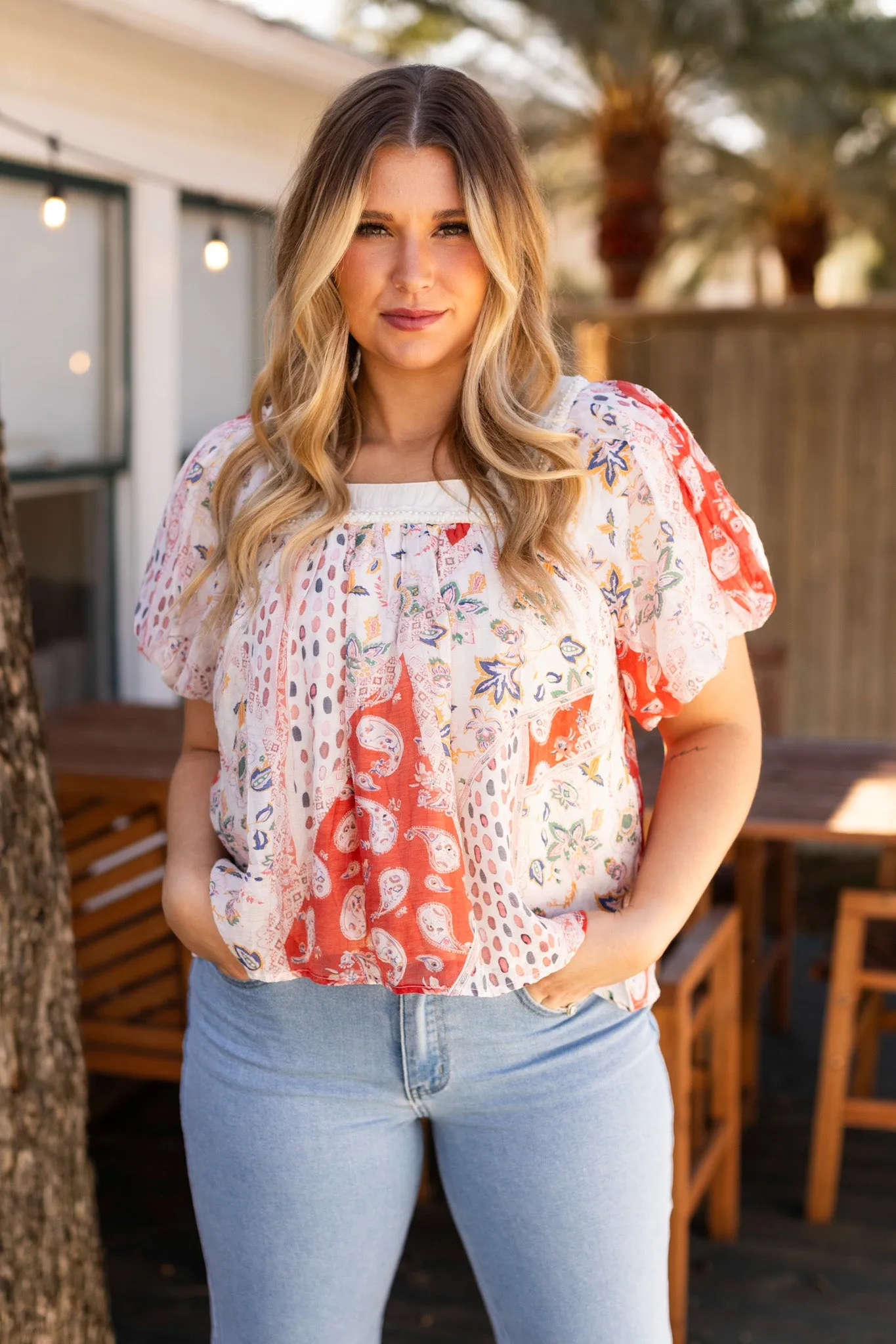 Rosemary Square Neck Boho Top, Orange