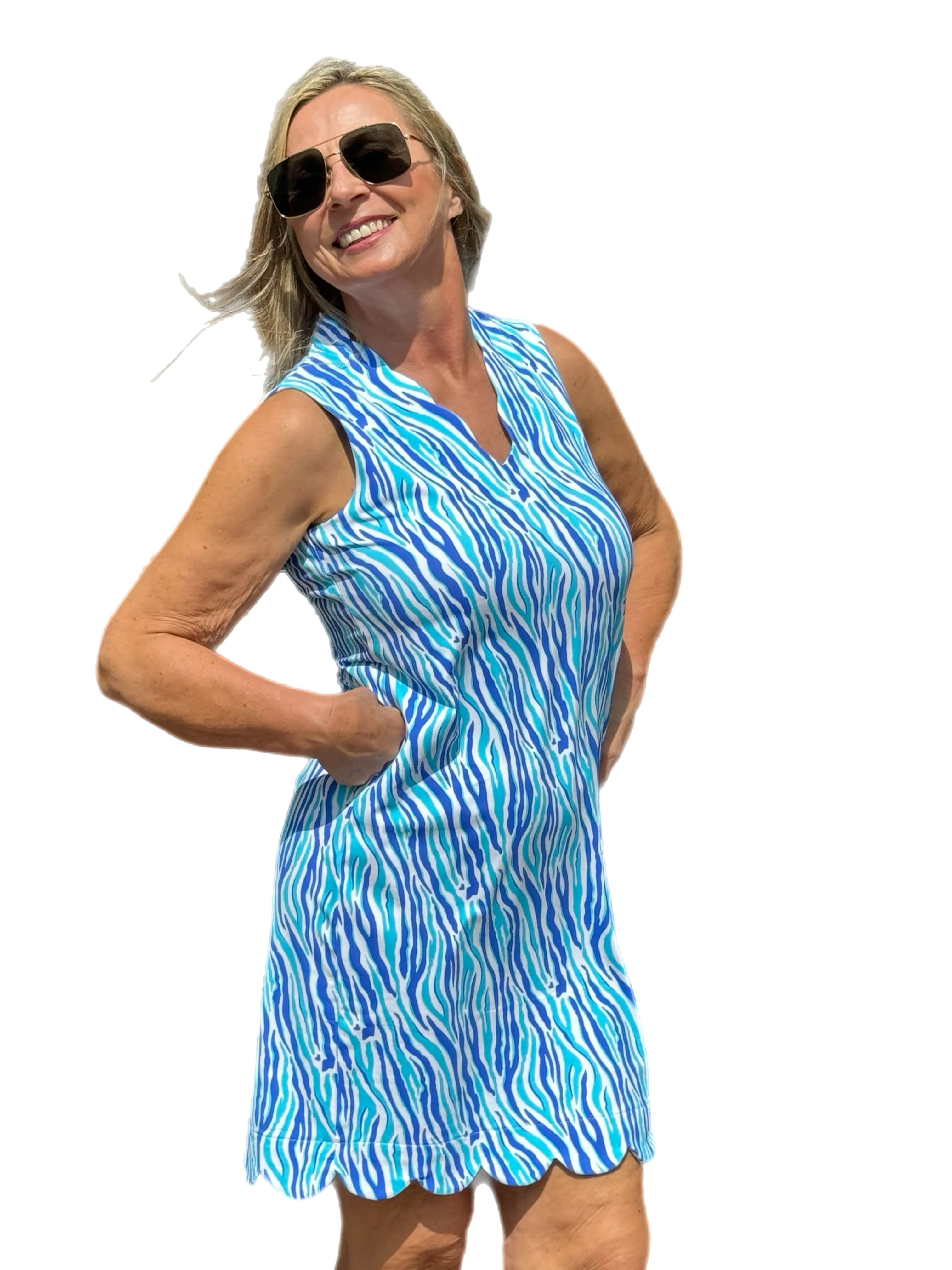 Scalloped-Neck and -Hem Sleeveless Dress with UPF50  Blue Zebra