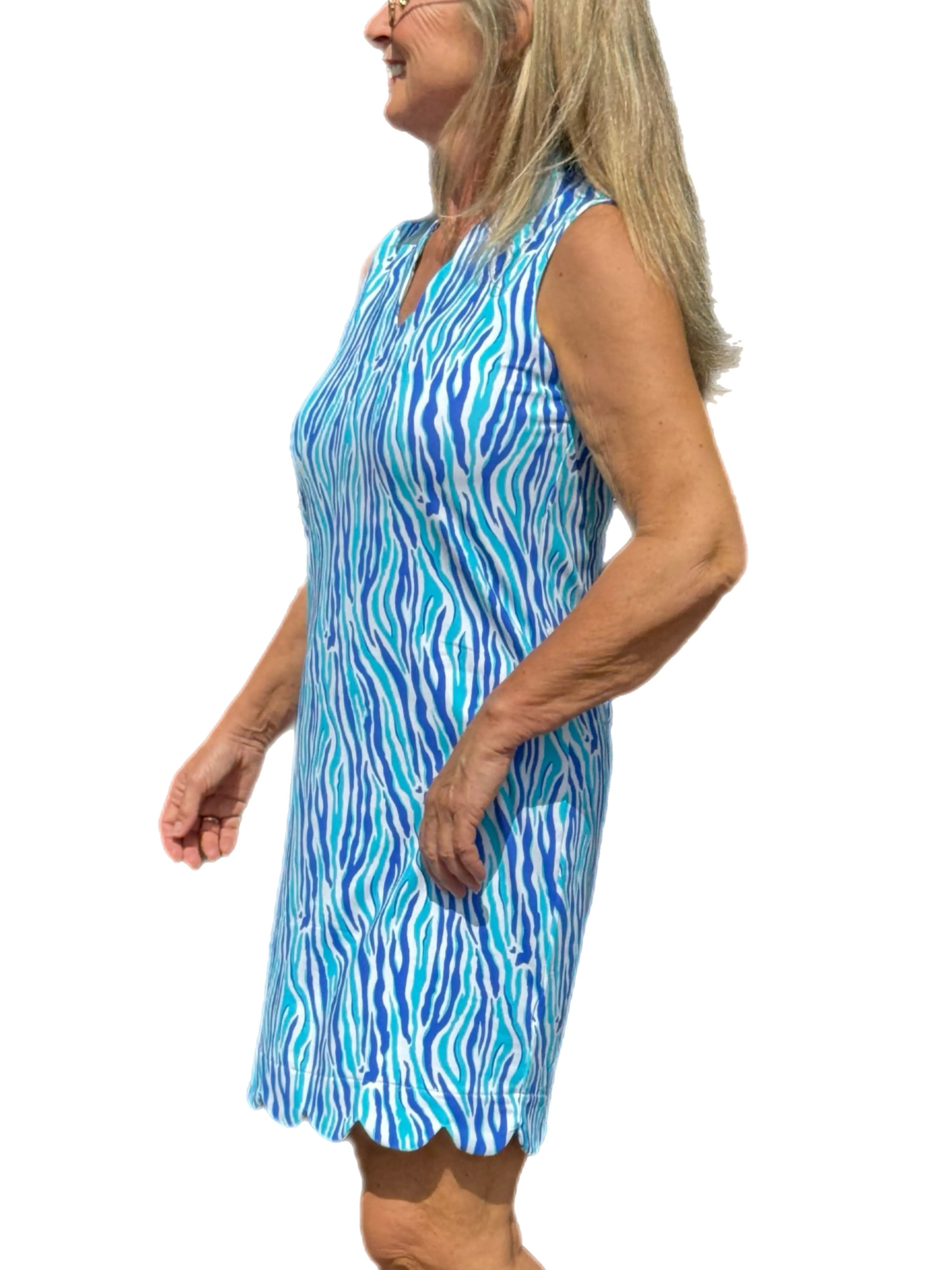 Scalloped-Neck and -Hem Sleeveless Dress with UPF50  Blue Zebra