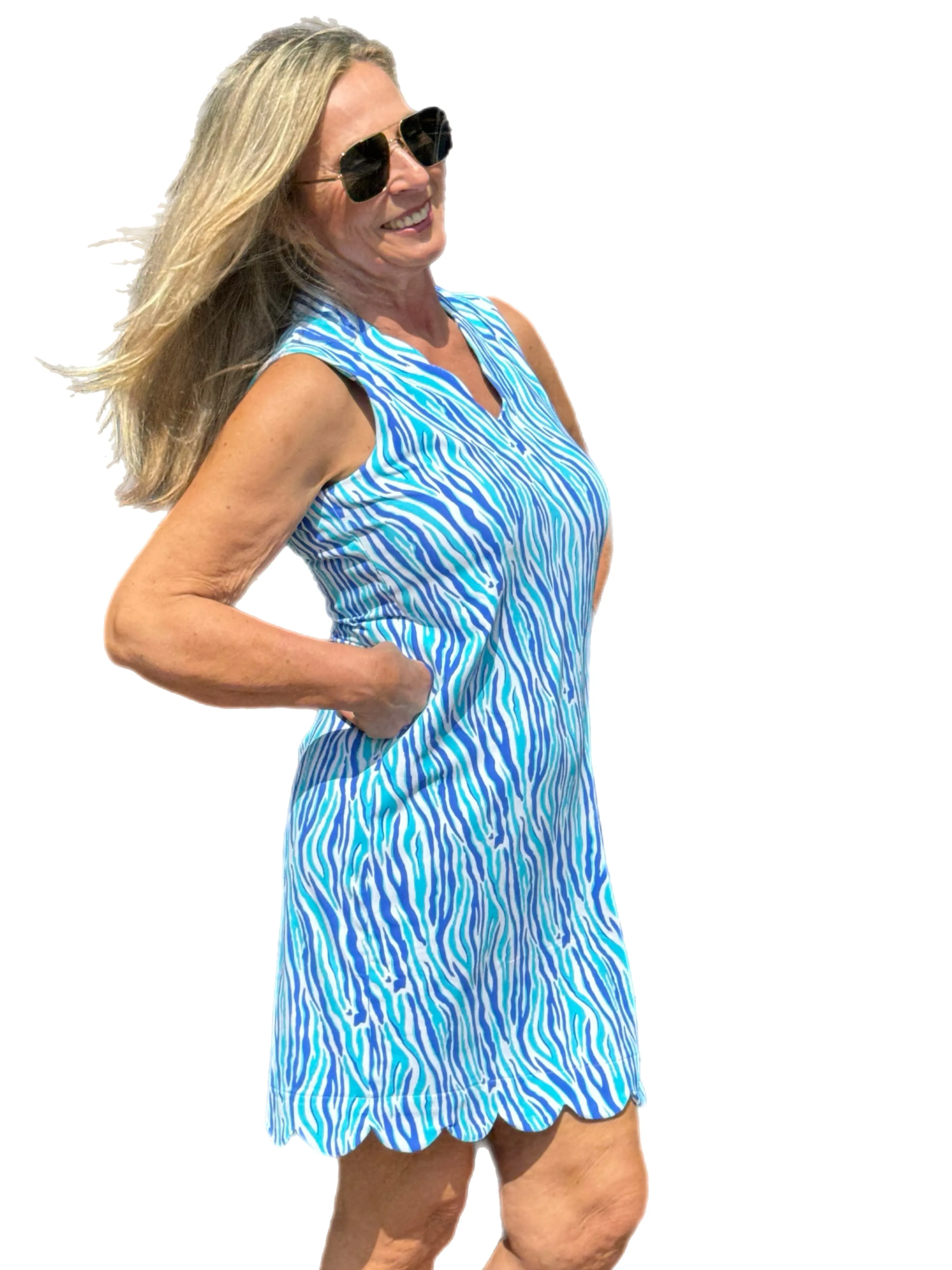 Scalloped-Neck and -Hem Sleeveless Dress with UPF50  Blue Zebra