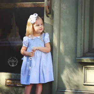 Scalloped Pearl Smocked Dress-Blue