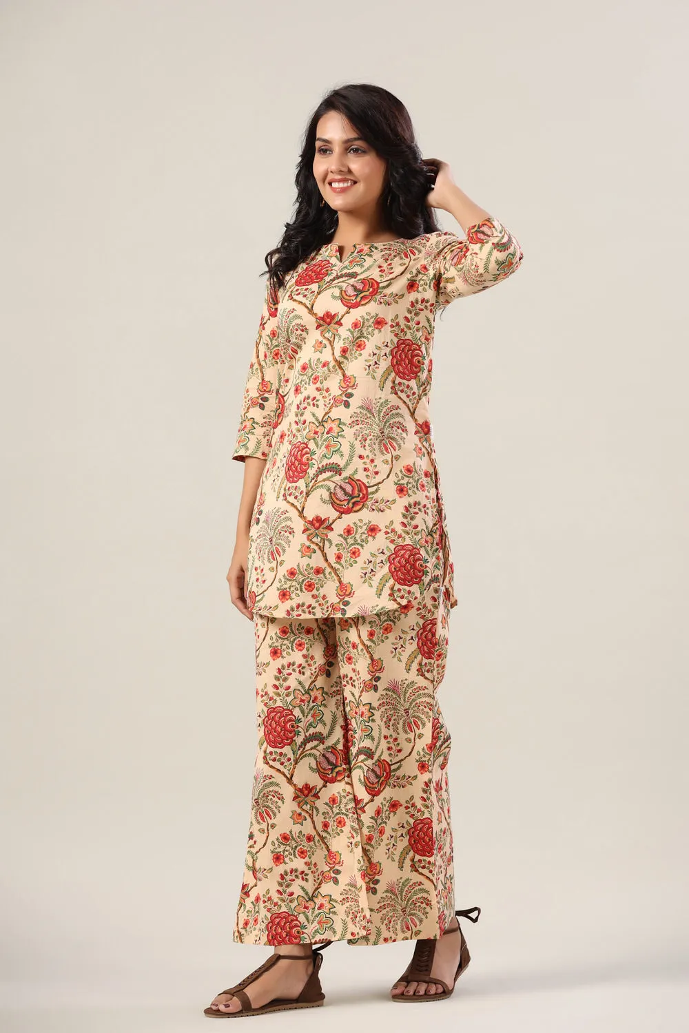 Scenery On Beige Cotton Palazzo Loungewear Set