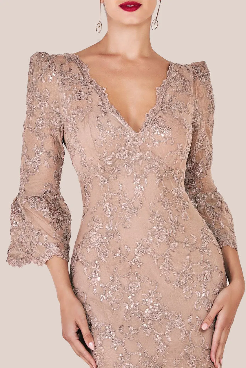 Sequin Scallop Lace Midi Dress - Champagne by Goddiva