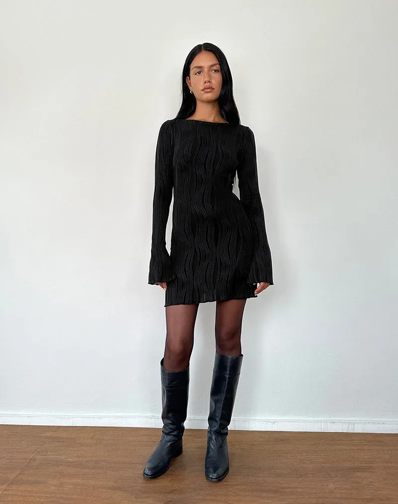 Sevila Long Sleeve Mini Dress in Crinkle Black