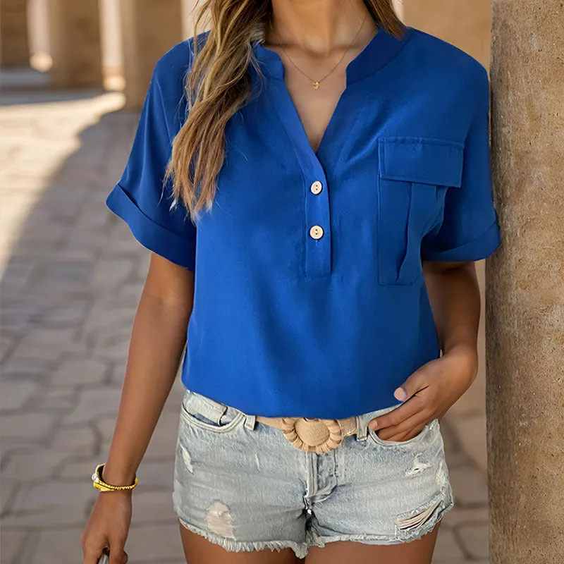 Short Sleeve Solid Color V-Neck Lapel Shirts Wholesale Womens Clothing N3824050700008