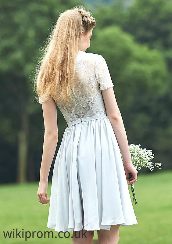 Short/Mini Scalloped Neck Short Sleeve Chiffon A-line/Princess Bridesmaid Dresseses With Lace Yasmin SWKP0025520