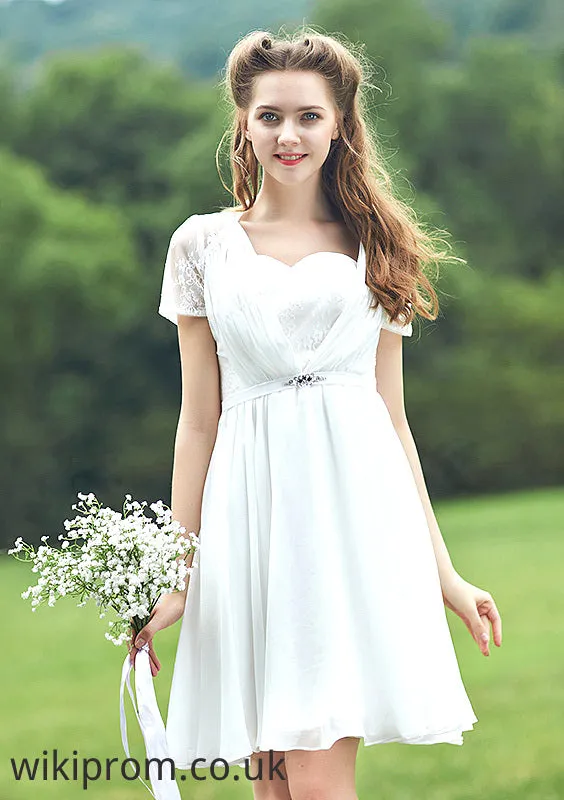 Short/Mini Scalloped Neck Short Sleeve Chiffon A-line/Princess Bridesmaid Dresseses With Lace Yasmin SWKP0025520