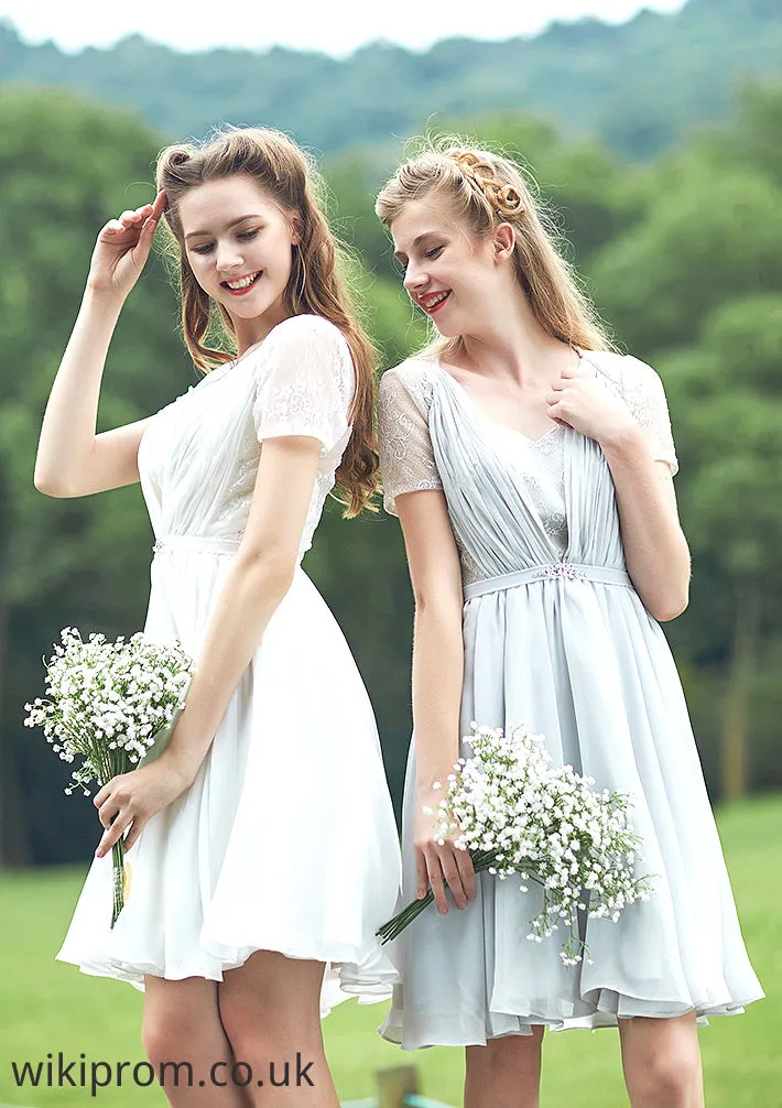 Short/Mini Scalloped Neck Short Sleeve Chiffon A-line/Princess Bridesmaid Dresseses With Lace Yasmin SWKP0025520