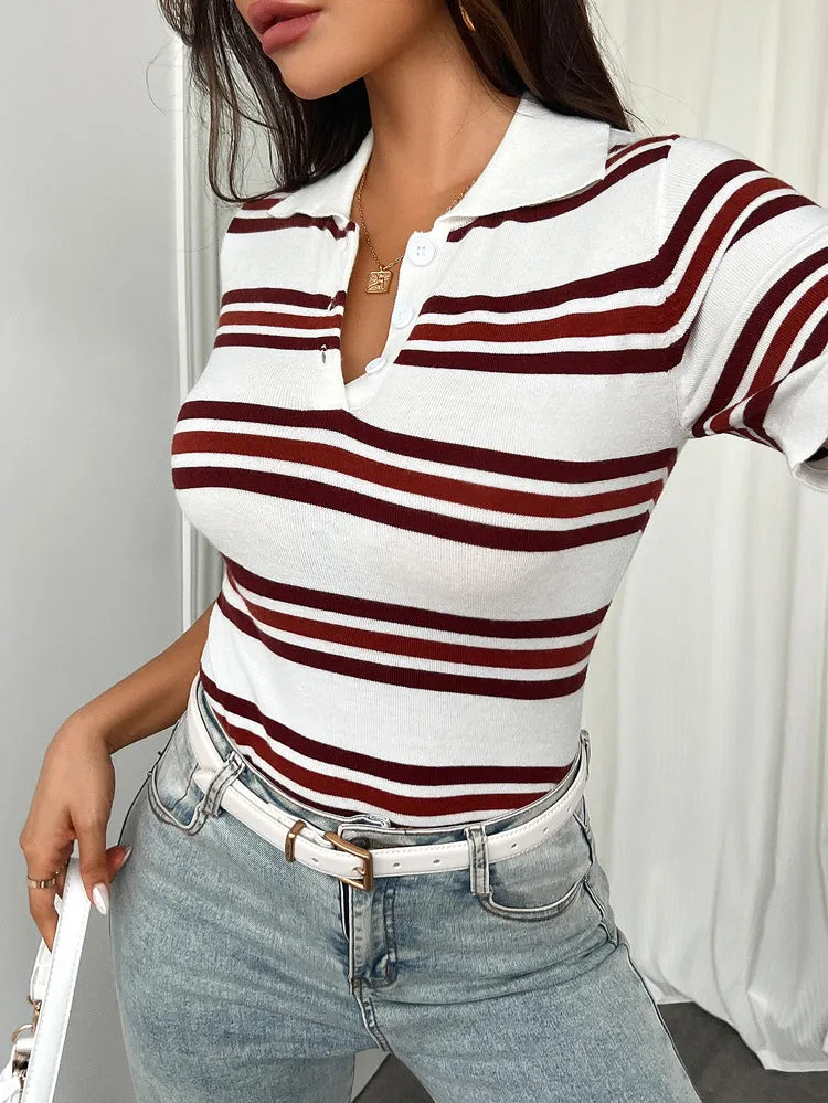 Slim Fit Polo Collar Two-Tone Striped Short-Sleeved Blouses Wholesale Womens Clothing N3824091000082