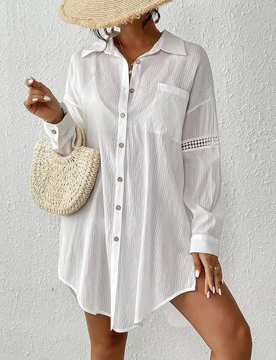 Solid Color Hollow Lace Back Slit Tie Shirt Cover-Up Beach Wholesale Womens Clothing N3824112000002