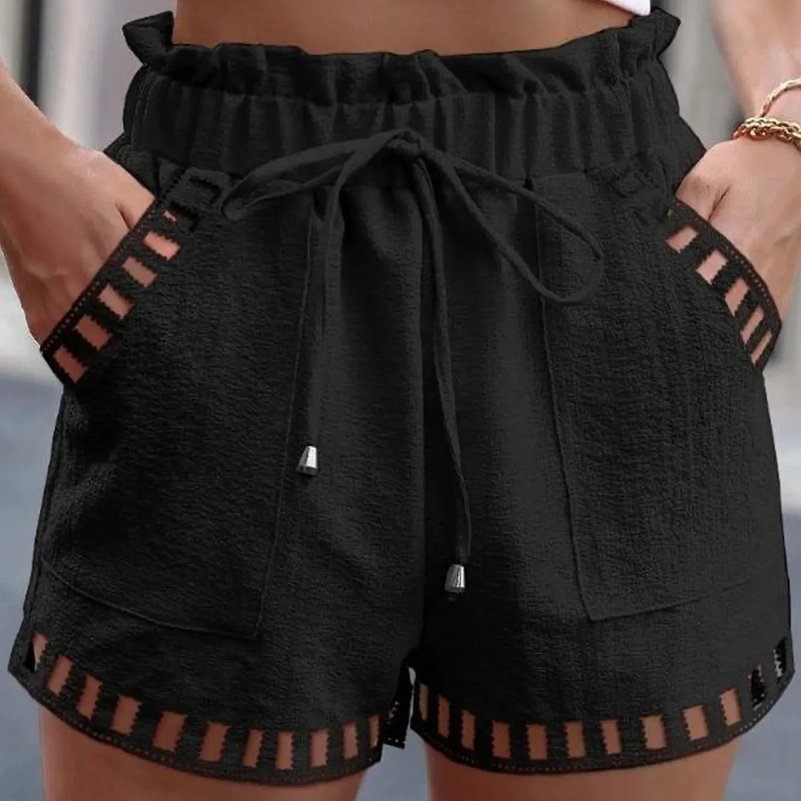 Structured Textured Paperbag Shorts with Cut-Outs for Women